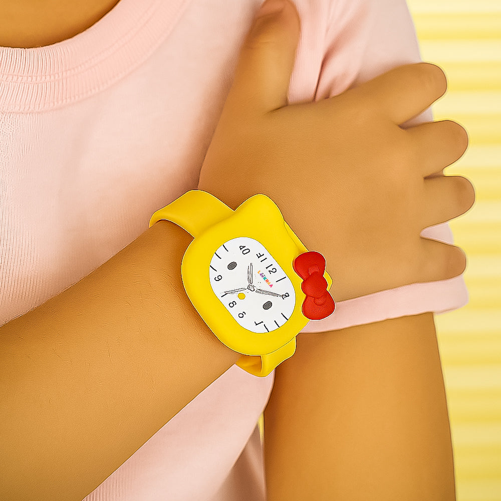 LOOKHAA Babykitty Yellow Analog Watch for Girls Kids with Cute Bow lookhaa