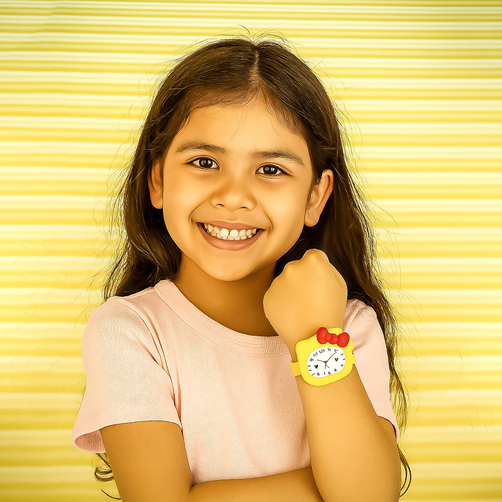 LOOKHAA Babykitty Yellow Analog Watch for Girls Kids with Cute Bow lookhaa
