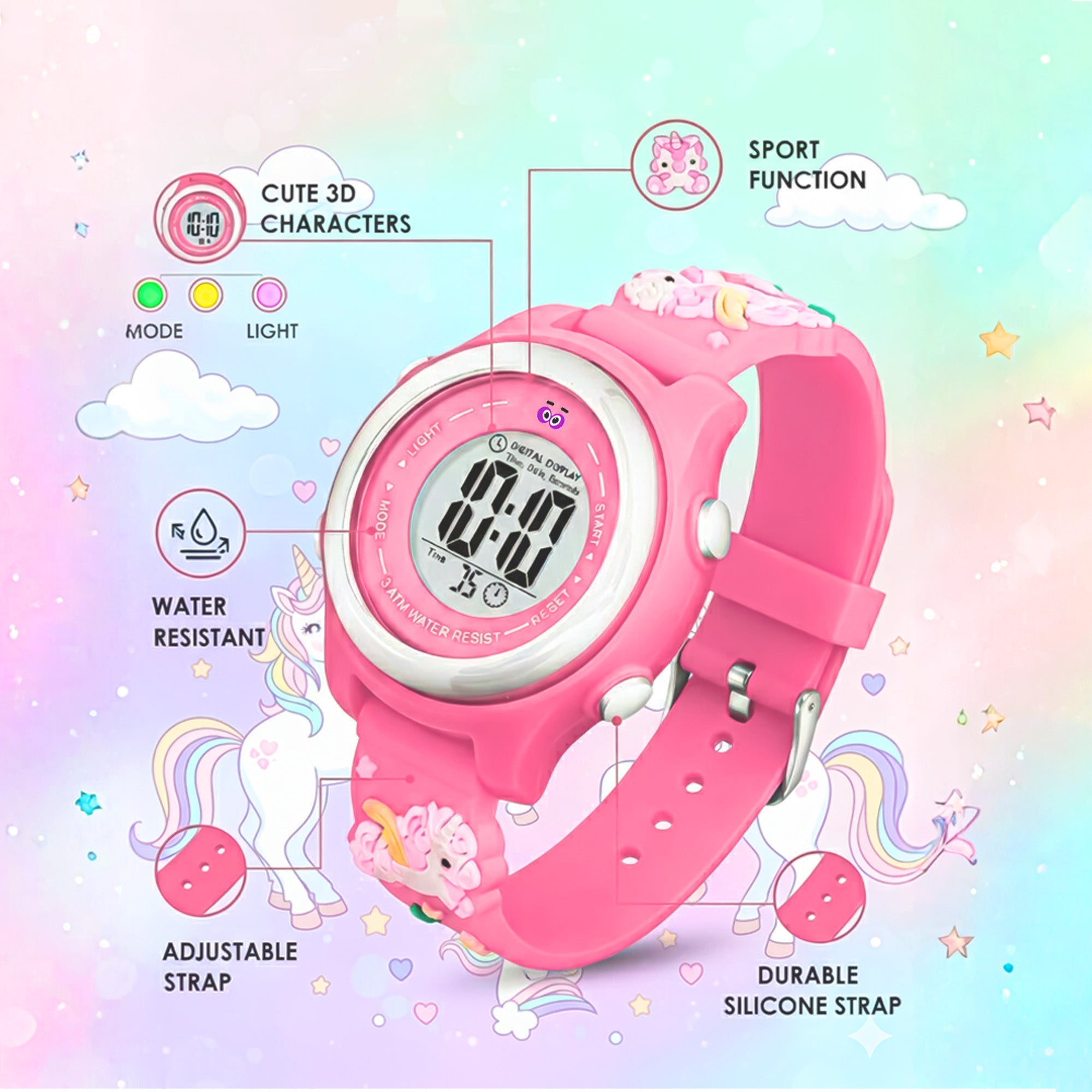 LOOKHAA Kids Stylish 3D Pink Unicorn Digital LED Sport Watch - Pink lookhaa