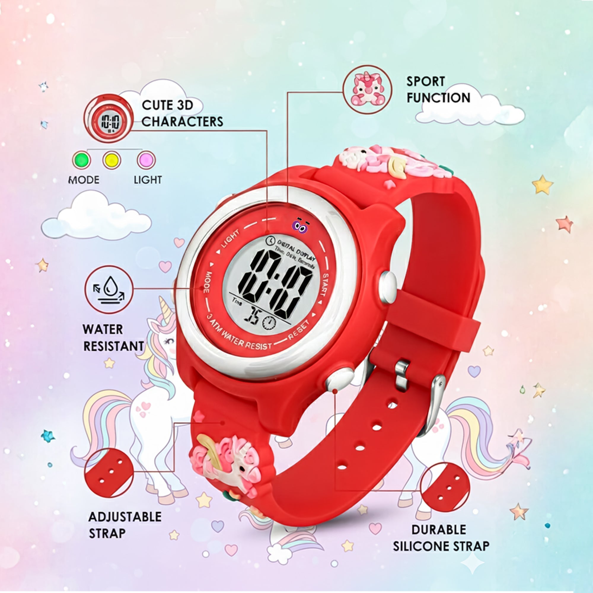 LOOKHAA Kids Stylish 3D Red Unicorn Digital LED Sport Watch - Red lookhaa