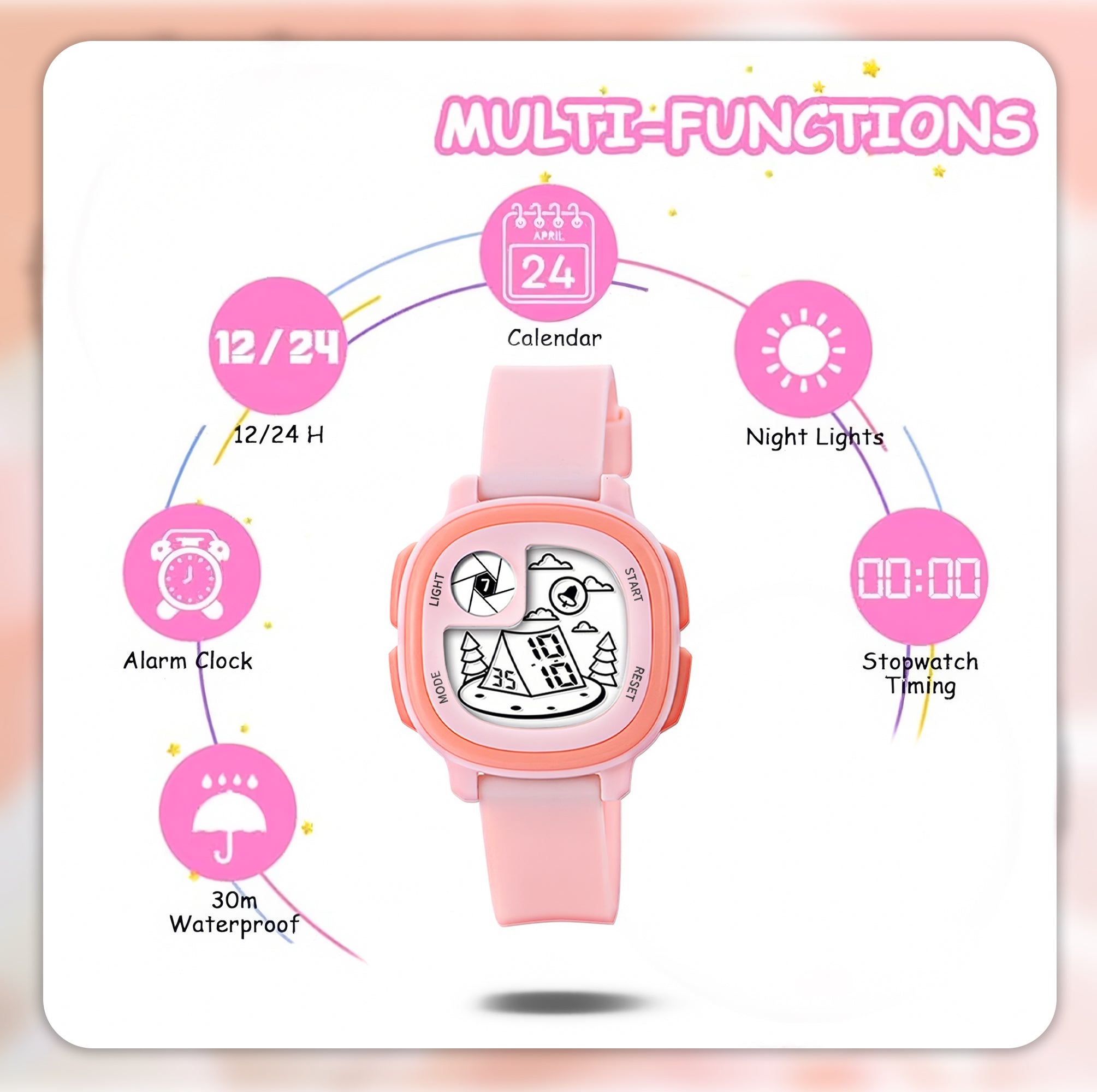 Lookhaa Cute Digital Multifunctional Stylish Dial LCD Watch with High Quality Silicone Strap Kids Digital Watch - For Girl (Pink) lookhaa