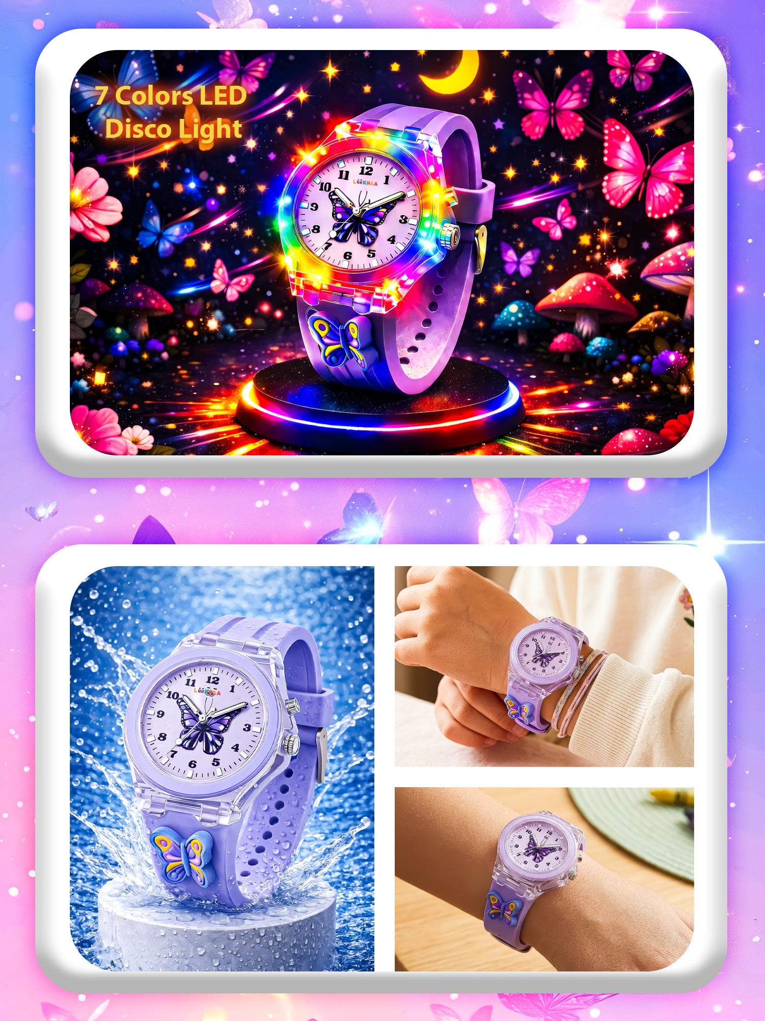LOOKHAA Kids Beautiful Butterfly 7 Disco Light Analog Watch for Girls lookhaa