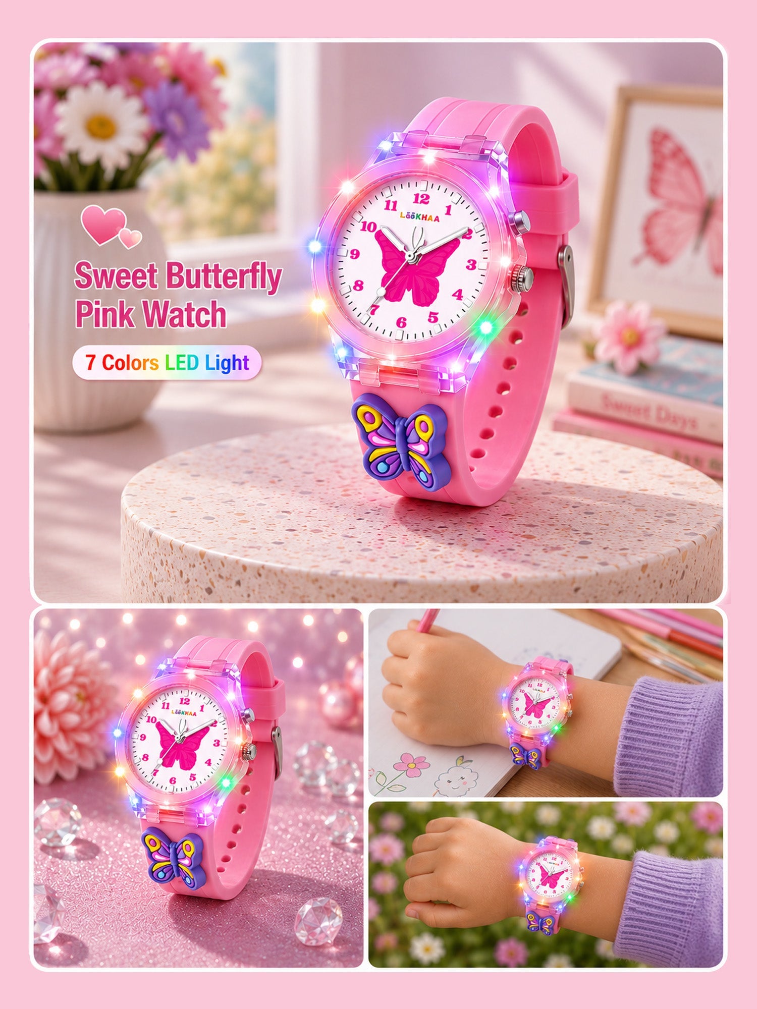 LOOKHAA Kids Beautiful Butterfly 7 Disco Light Analog Watch for Girls lookhaa