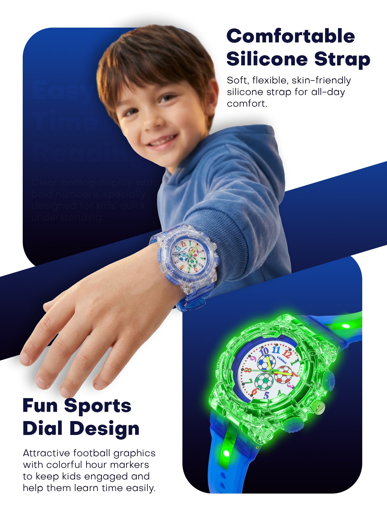 LOOKHAA Kids’ Football -Themed Multicolor LED Lights Analog Watch - Blue