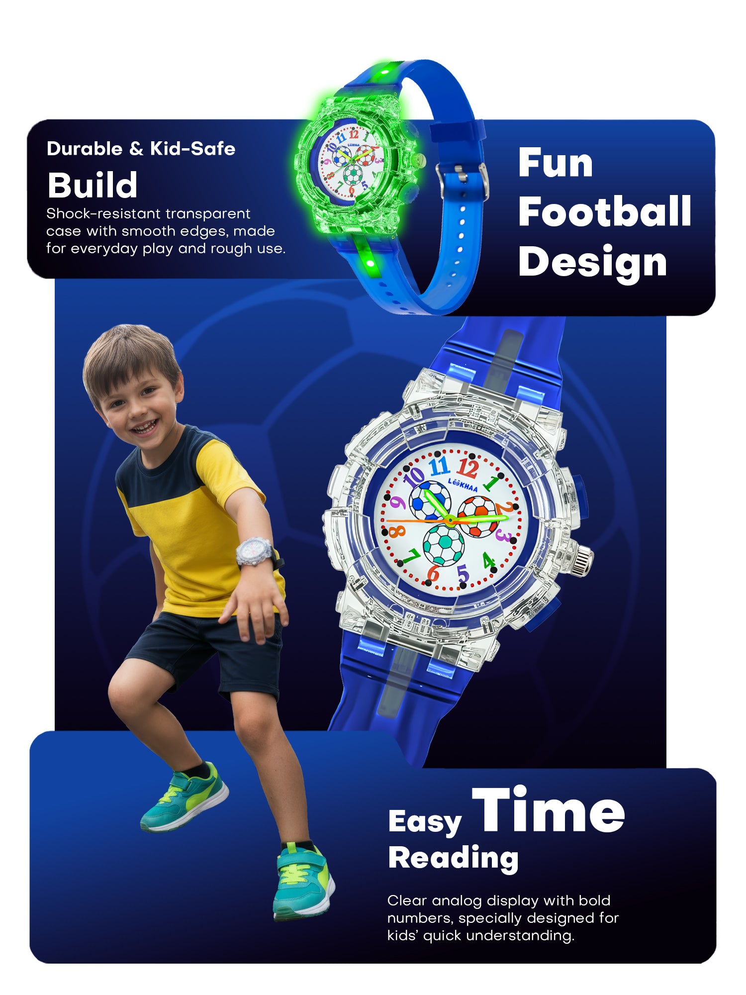 LOOKHAA Kids’ Football -Themed Multicolor LED Lights Analog Watch - Blue