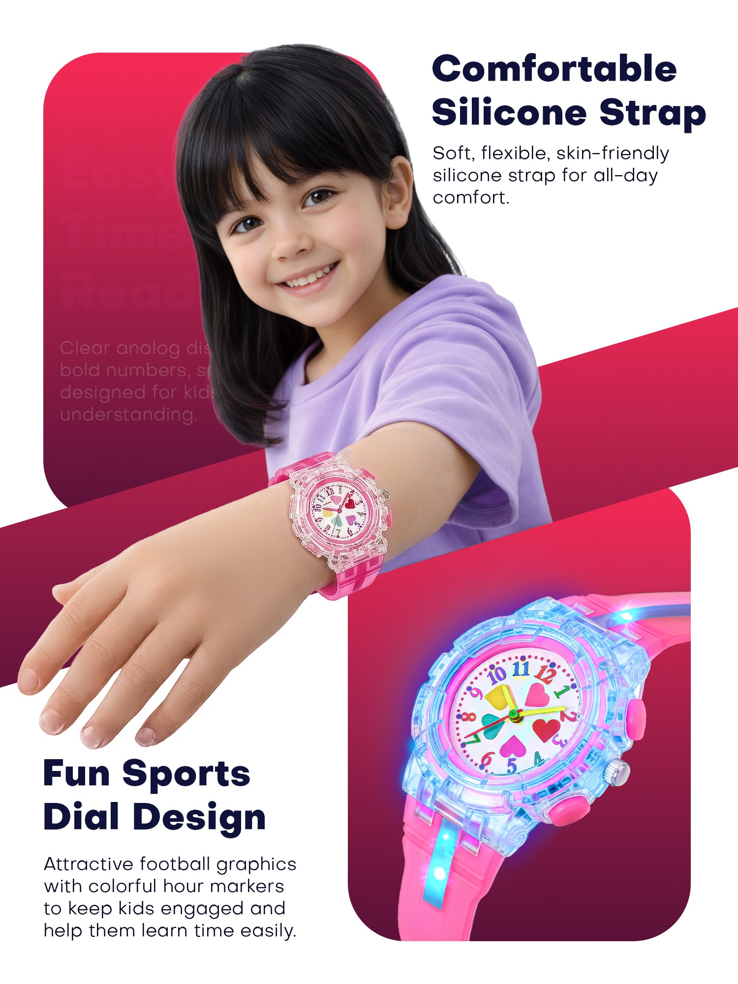 LOOKHAA Kids’ Football -Themed Multicolor LED Lights Analog Watch - Pink