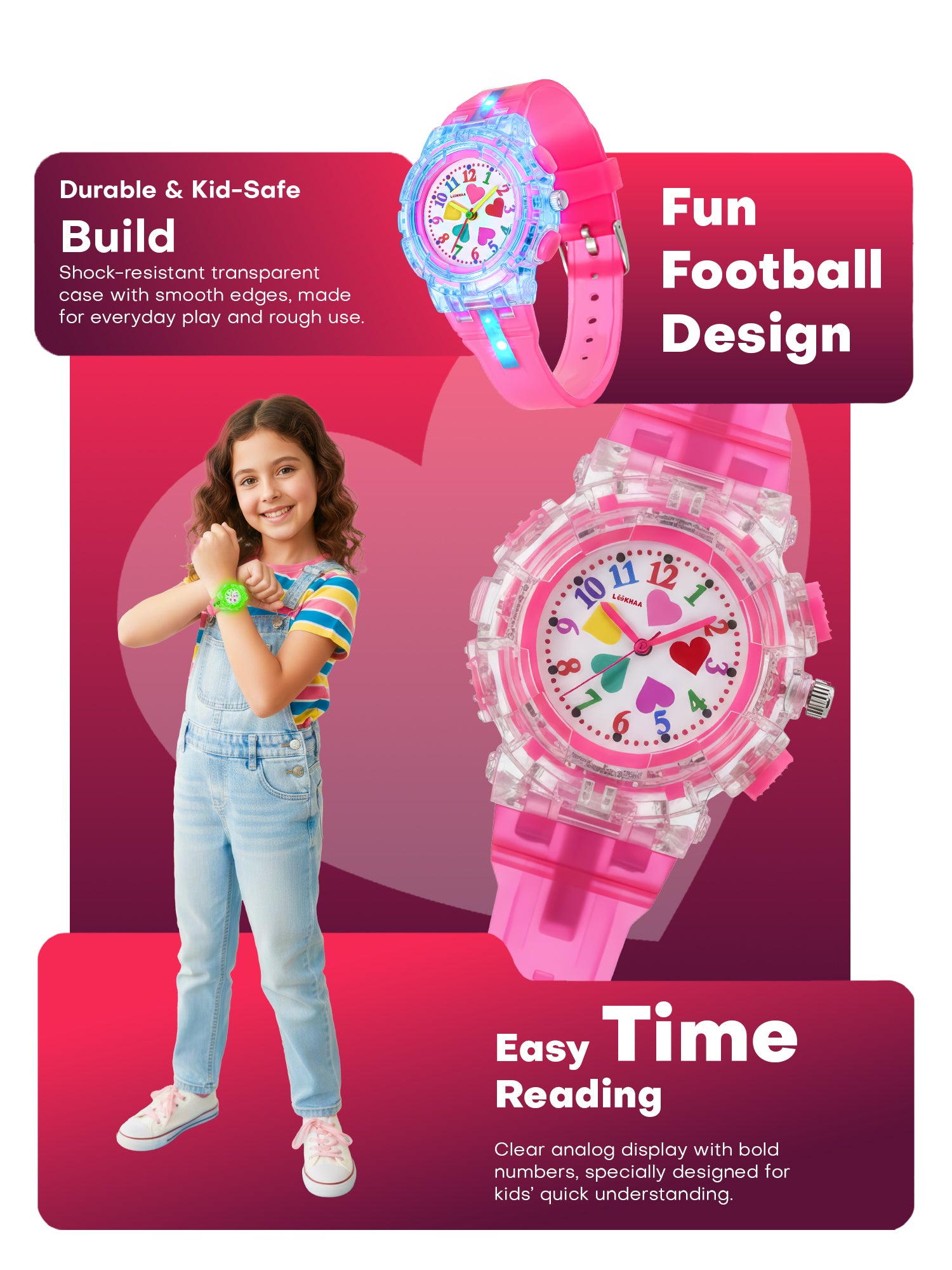 LOOKHAA Kids’ Football -Themed Multicolor LED Lights Analog Watch - Pink