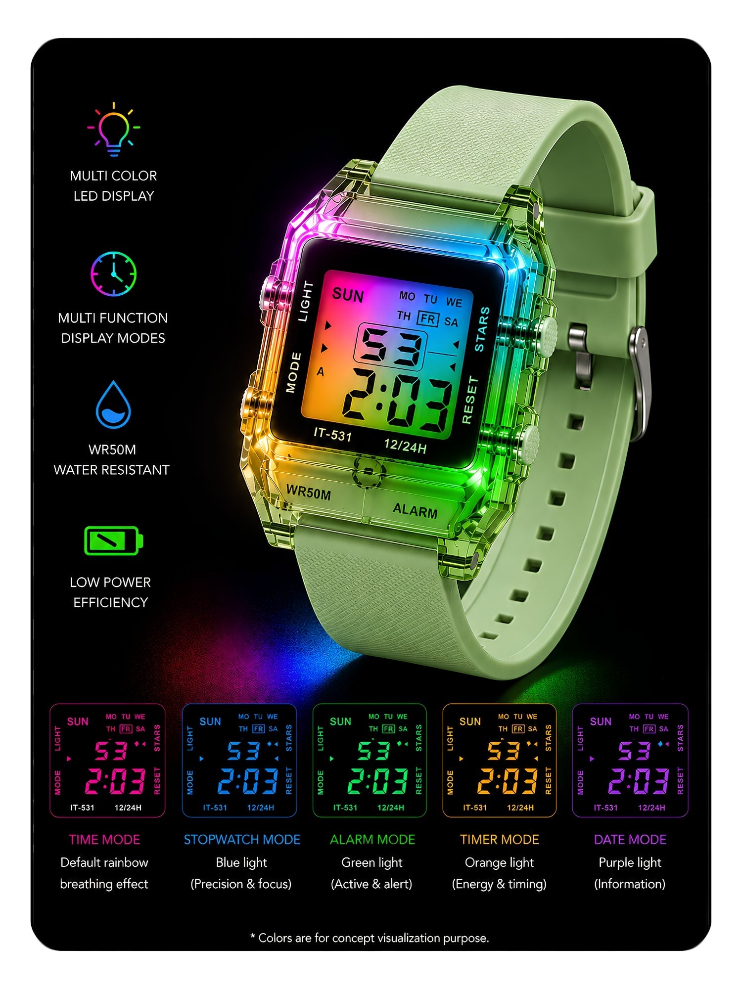 LOOKHAA Unisex Kids Transparent Green Multi-Function Digital Watch lookhaa