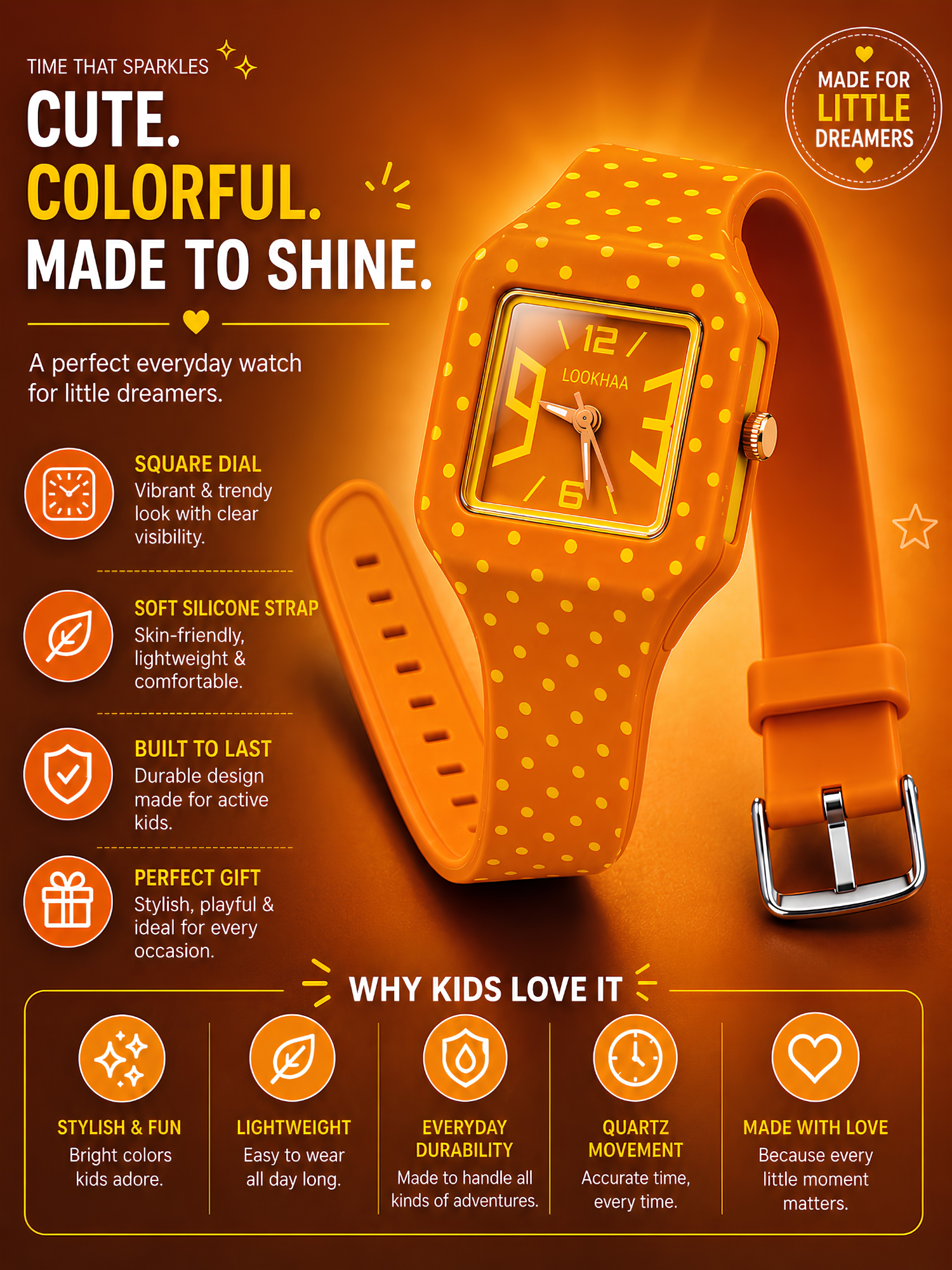 LOOKHAA Kids CandyPop Square Dial Analog Watch with Silicone Strap – Orange & Yellow lookhaa