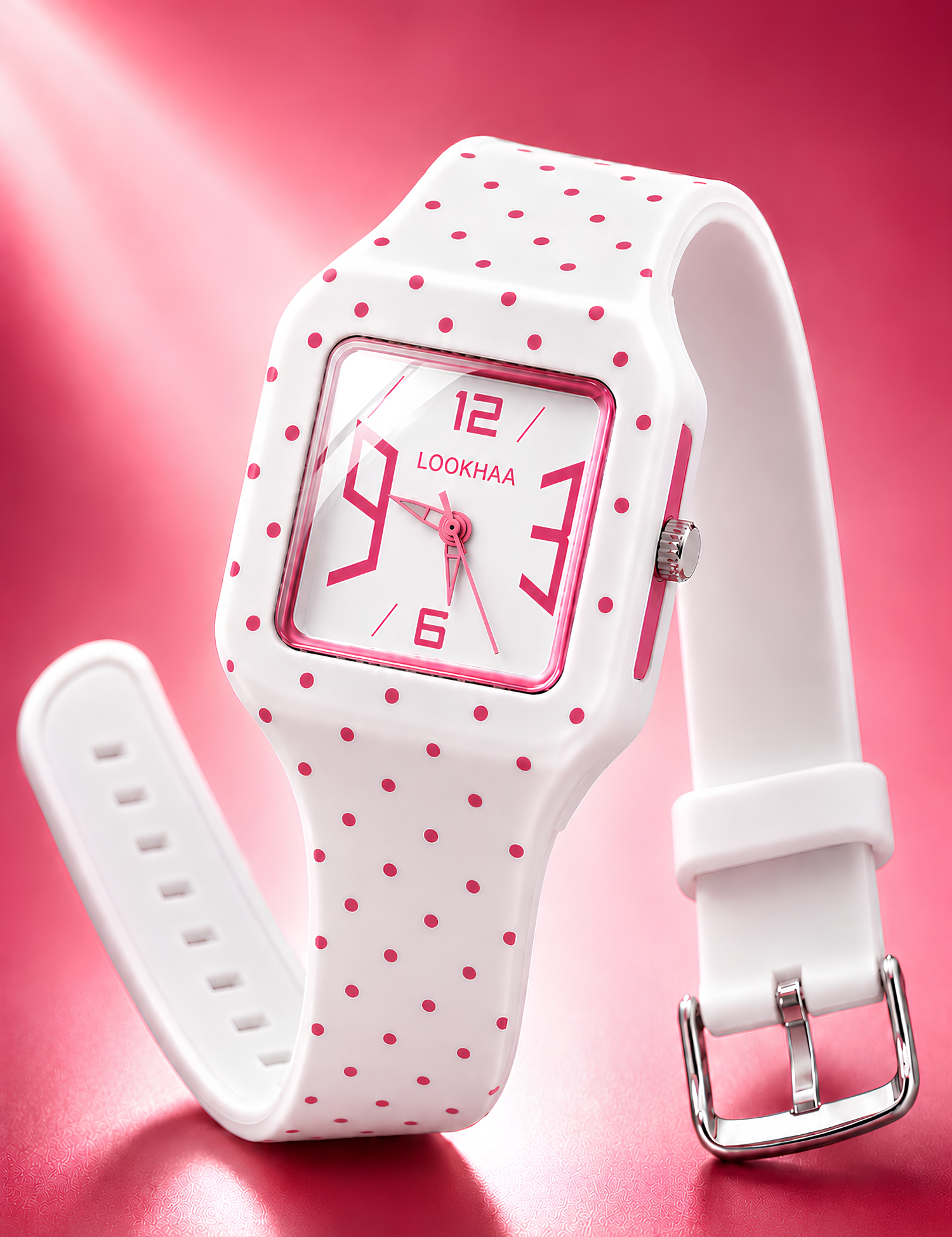 LOOKHAA Kids CandyPop Square Dial Analog Watch with Silicone Strap – White & Pink lookhaa