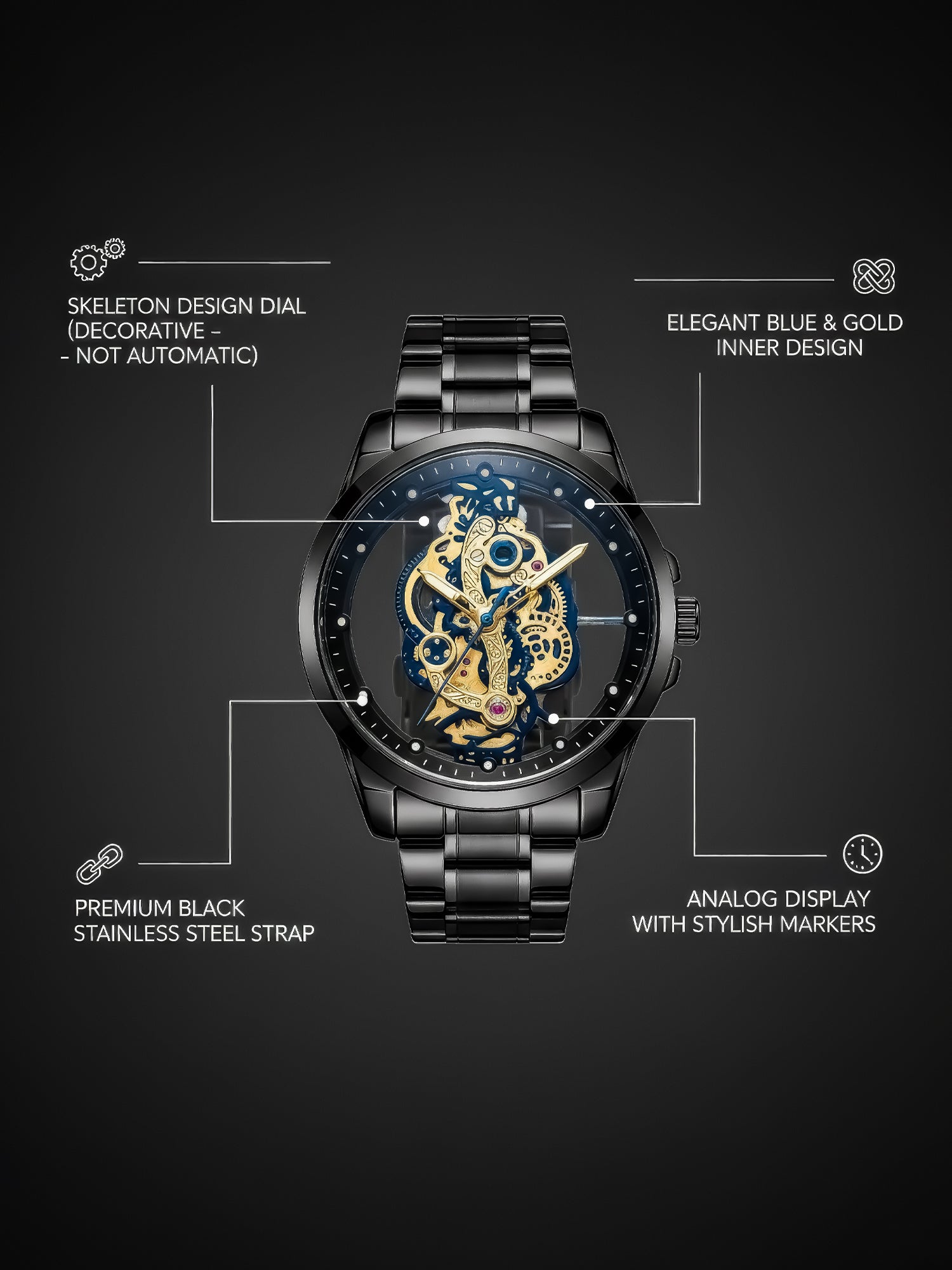 LOOKHAA Men’s Premium Black Skeleton Style Analog Watch