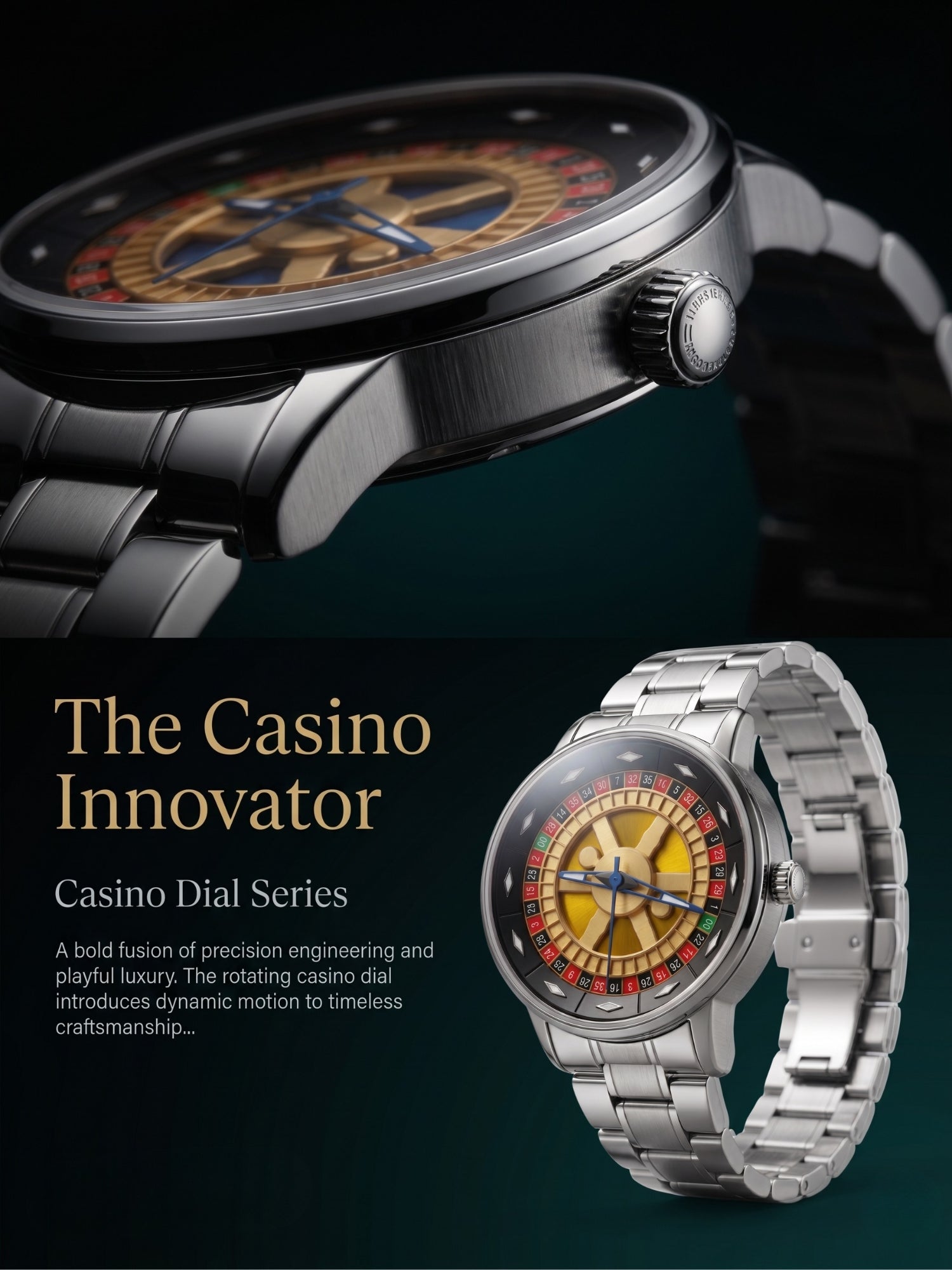 LOOKHAA Men's Casino Style Rotating 360° Dial Analog Watch with Stainless Steel Strap lookhaa