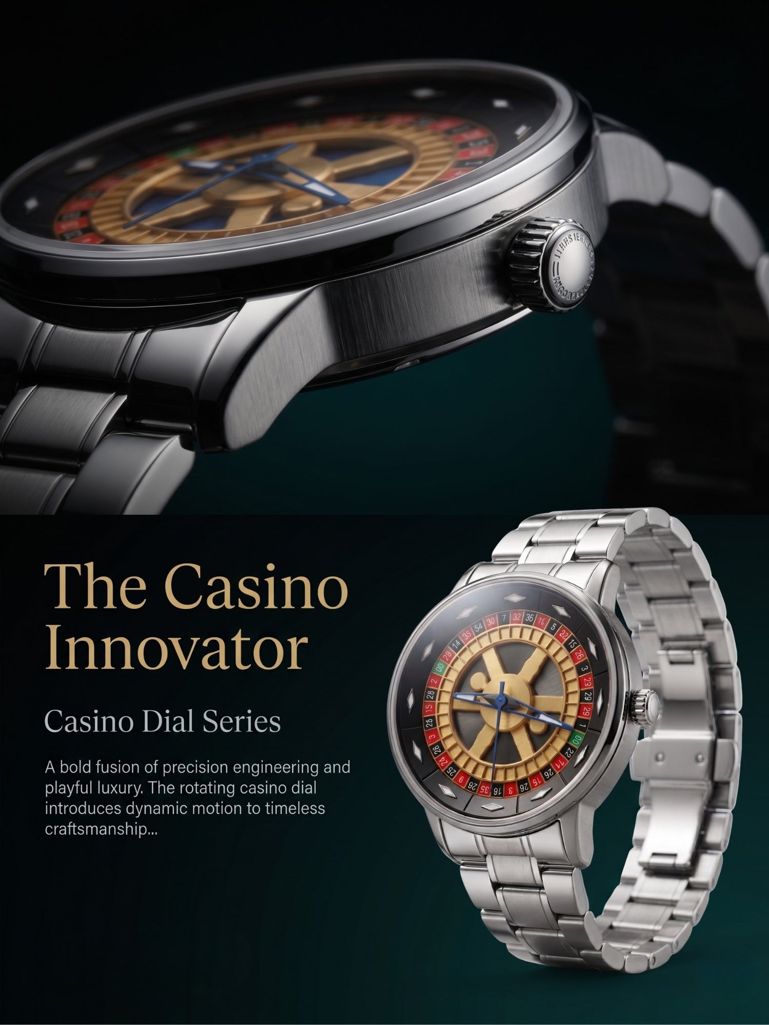 LOOKHAA Men's Casino Style Rotating 360° Dial Analog Watch with Stainless Steel Strap lookhaa