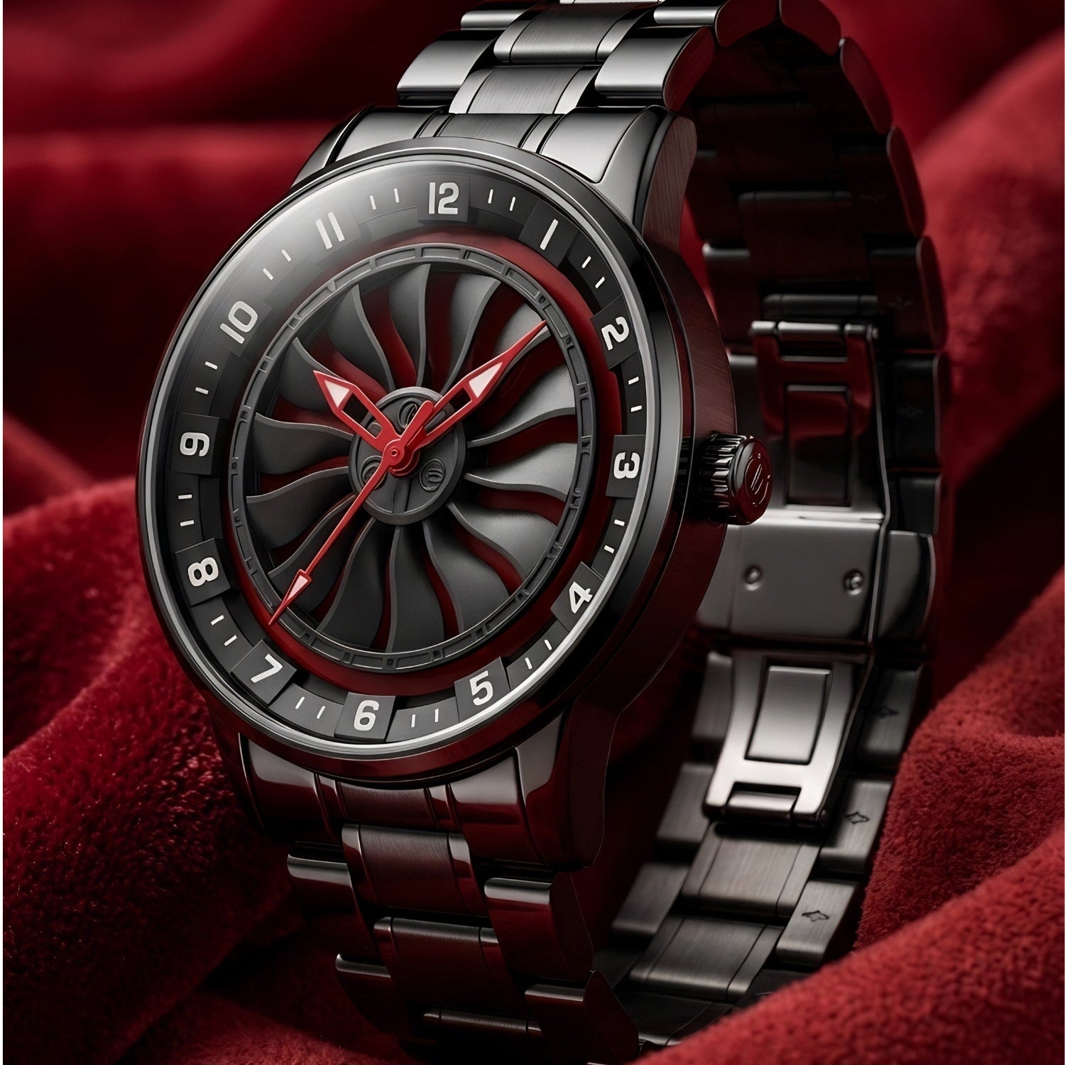 LOOKHAA Men Black Analog Watch with Rotating Turbine Dial & Stainless Steel Bracelet lookhaa