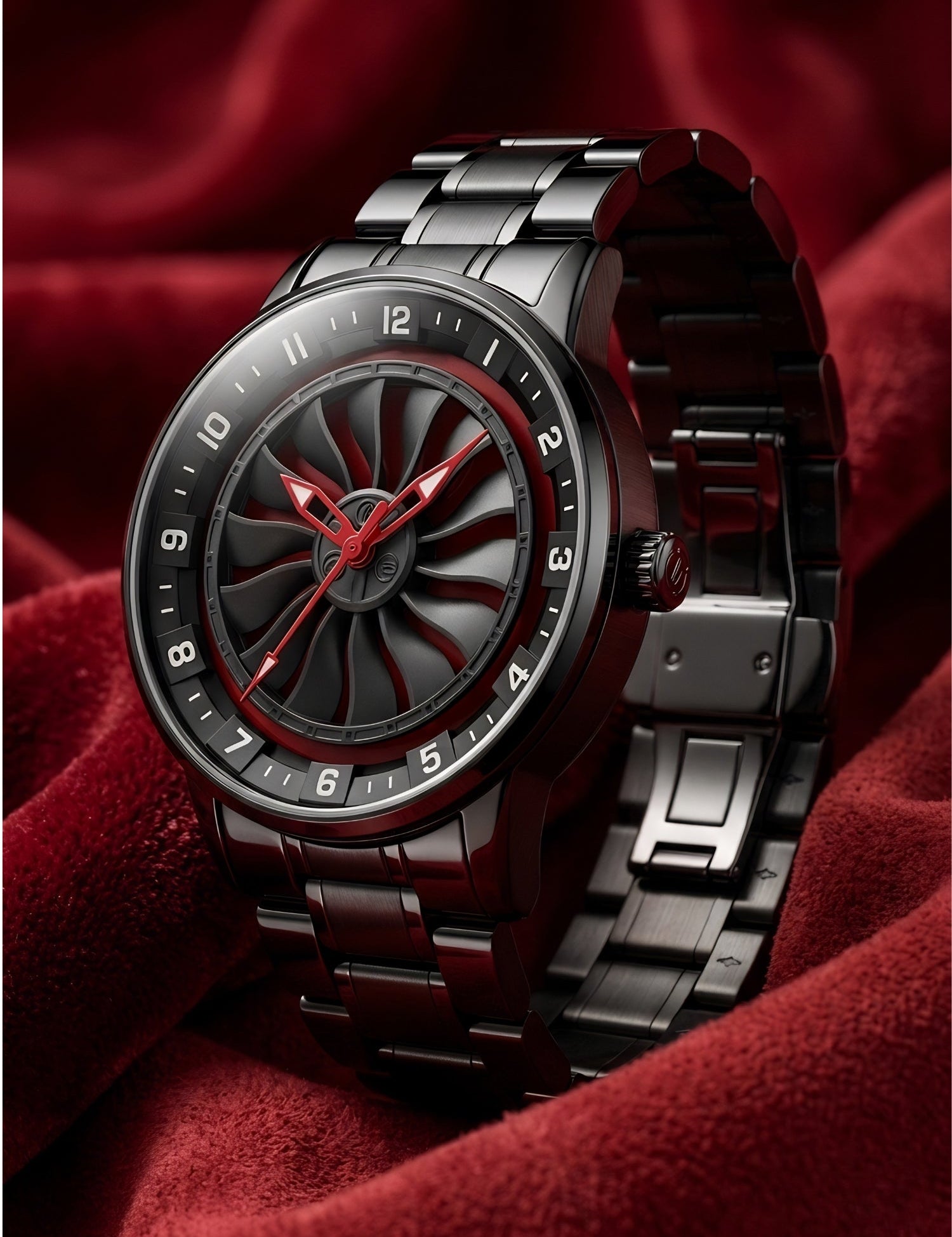 LOOKHAA Men Black Analog Watch with Rotating Turbine Dial & Stainless Steel Bracelet lookhaa