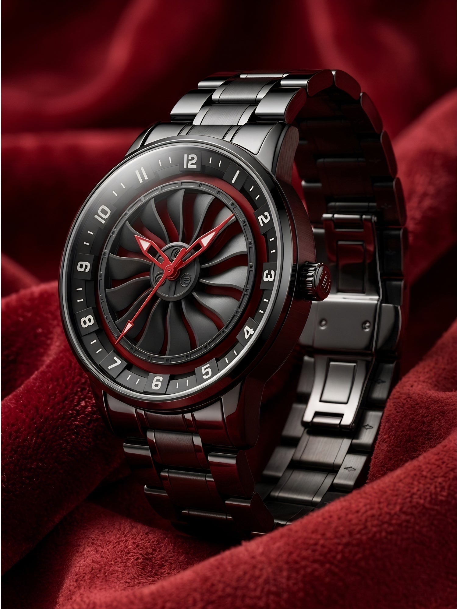 LOOKHAA Men Black Analog Watch with Rotating Turbine Dial & Stainless Steel Bracelet lookhaa