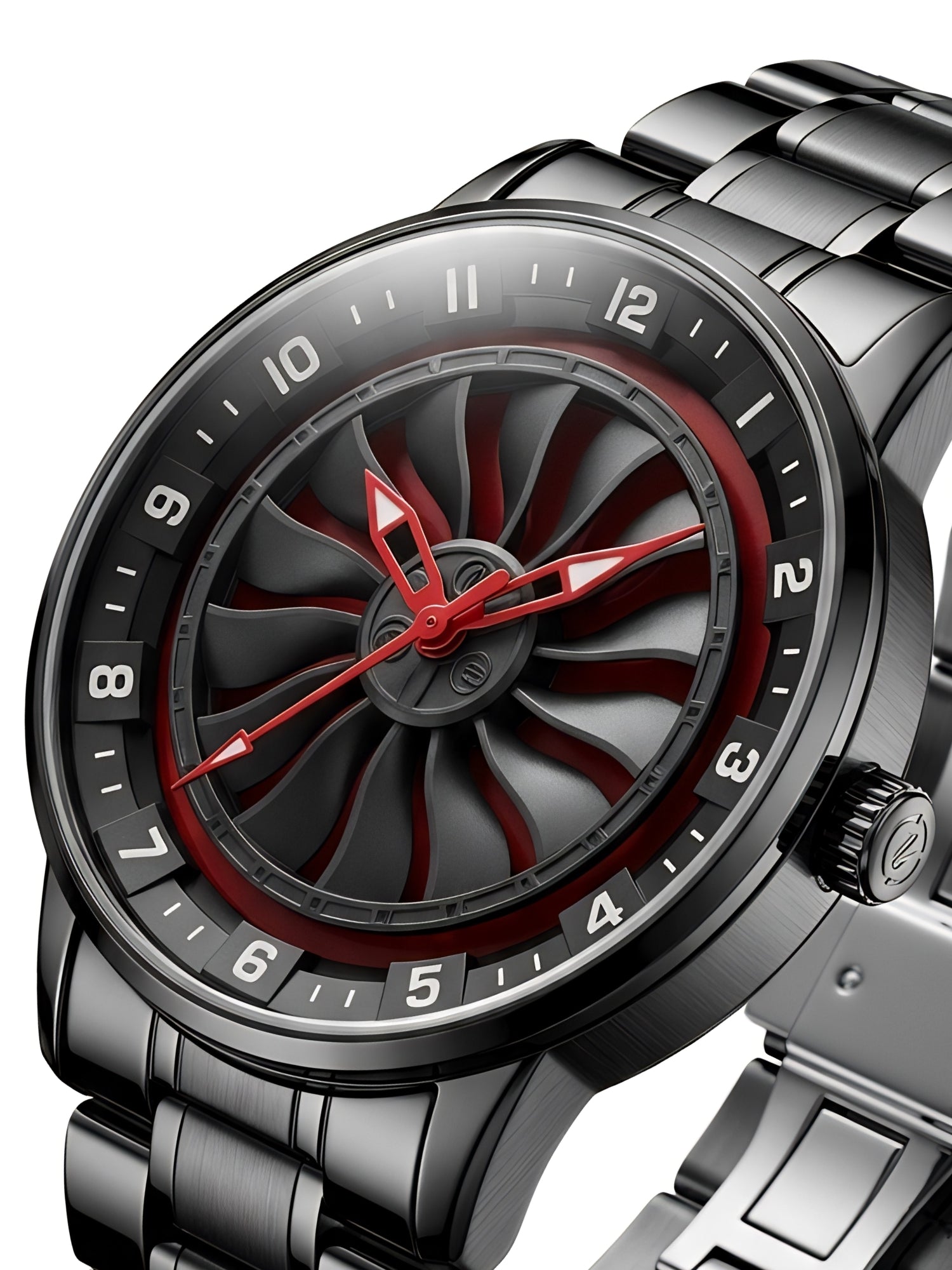 LOOKHAA Men Black Analog Watch with Rotating Turbine Dial & Stainless Steel Bracelet lookhaa