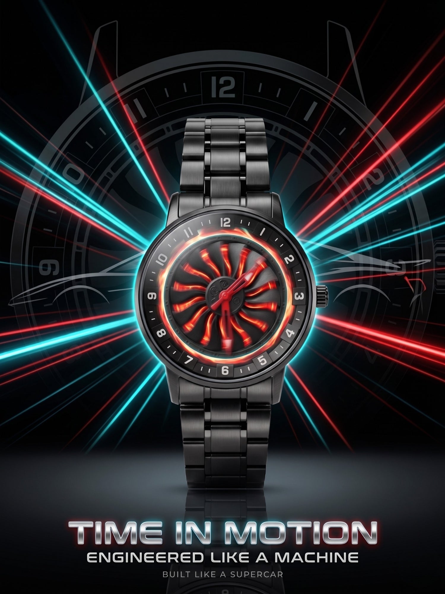LOOKHAA Men Black Analog Watch with Rotating Turbine Dial & Stainless Steel Bracelet lookhaa