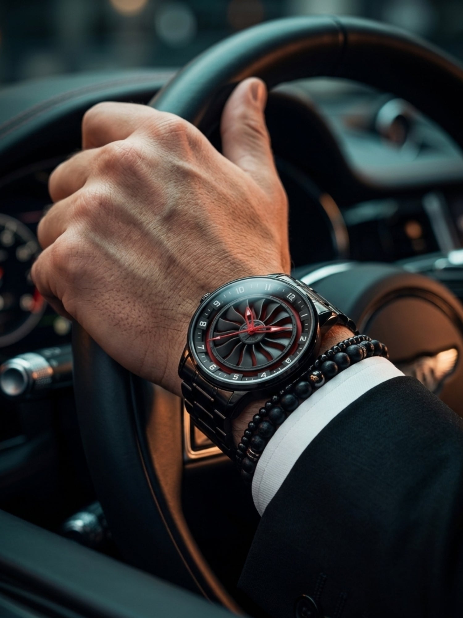 LOOKHAA Men Black Analog Watch with Rotating Turbine Dial & Stainless Steel Bracelet lookhaa