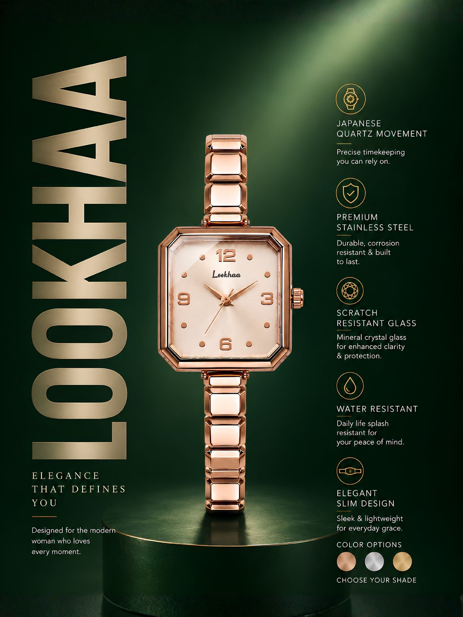 LOOKHAA Women's Premium Rose Gold Tone Square Dial Bracelet Analog Watch lookhaa