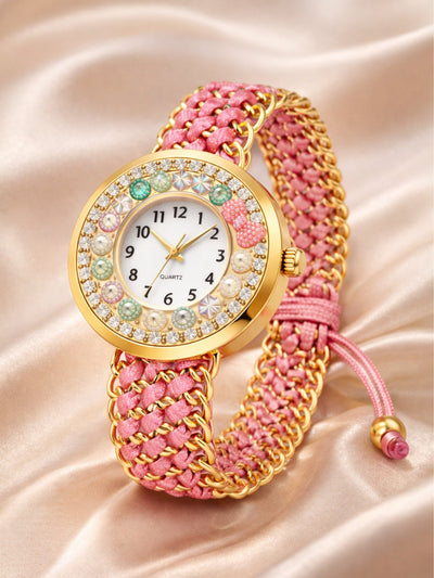 LOOKHAA Women Gold-Toned Dial Analog Watch With Pink Braided Strap