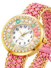LOOKHAA Women Gold-Toned Dial Analog Watch With Pink Braided Strap lookhaa