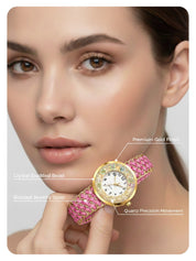 LOOKHAA Women Gold-Toned Dial Analog Watch With Pink Braided Strap lookhaa
