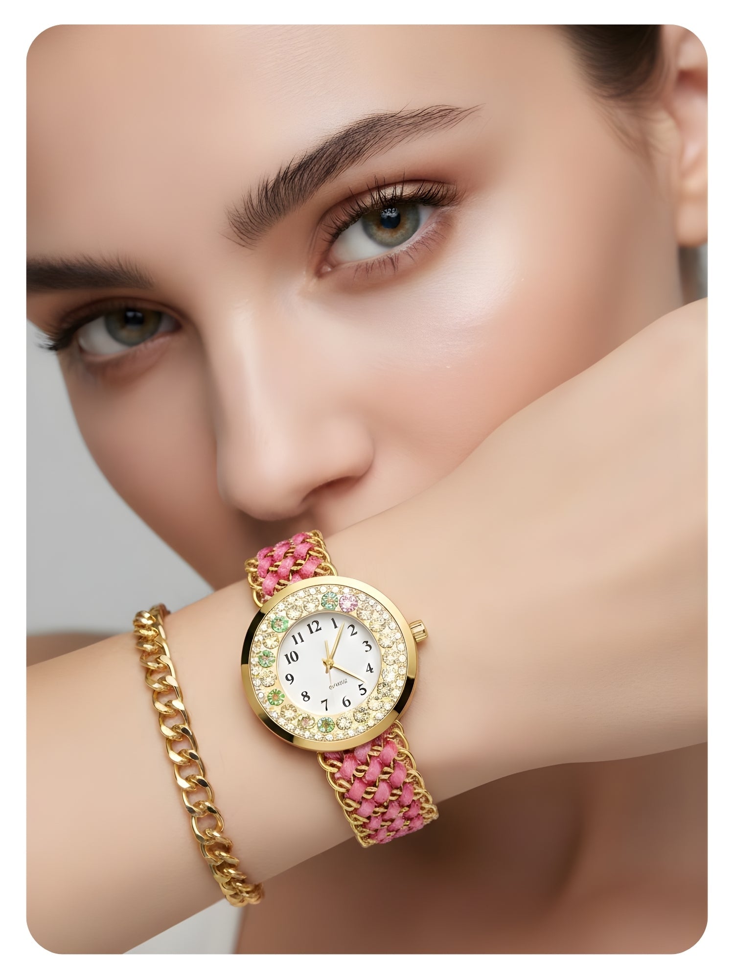 LOOKHAA Women Gold-Toned Dial Analog Watch With Pink Braided Strap lookhaa