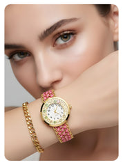 LOOKHAA Women Gold-Toned Dial Analog Watch With Pink Braided Strap lookhaa