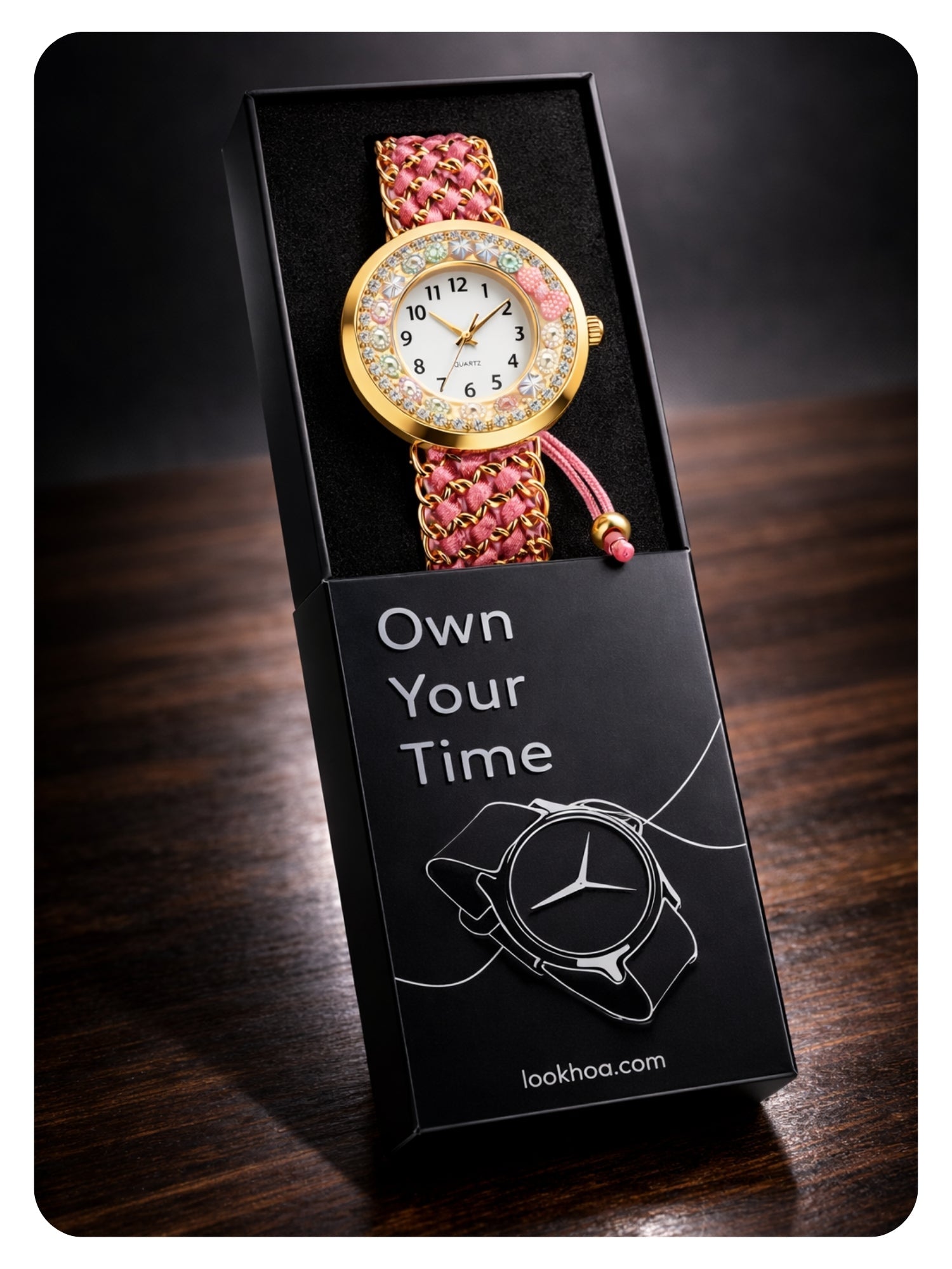 LOOKHAA Women Gold-Toned Dial Analog Watch With Pink Braided Strap lookhaa