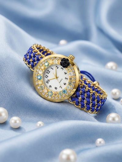 LOOKHAA Women Gold-Toned Dial Analog Watch With Blue Braided Strap