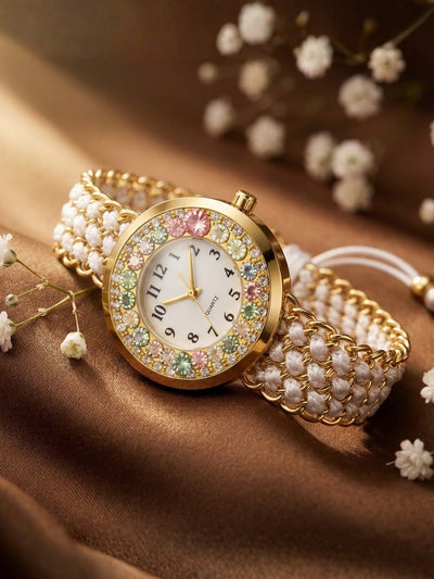 LOOKHAA Women Gold-Toned Dial Analog Watch With White Braided Strap