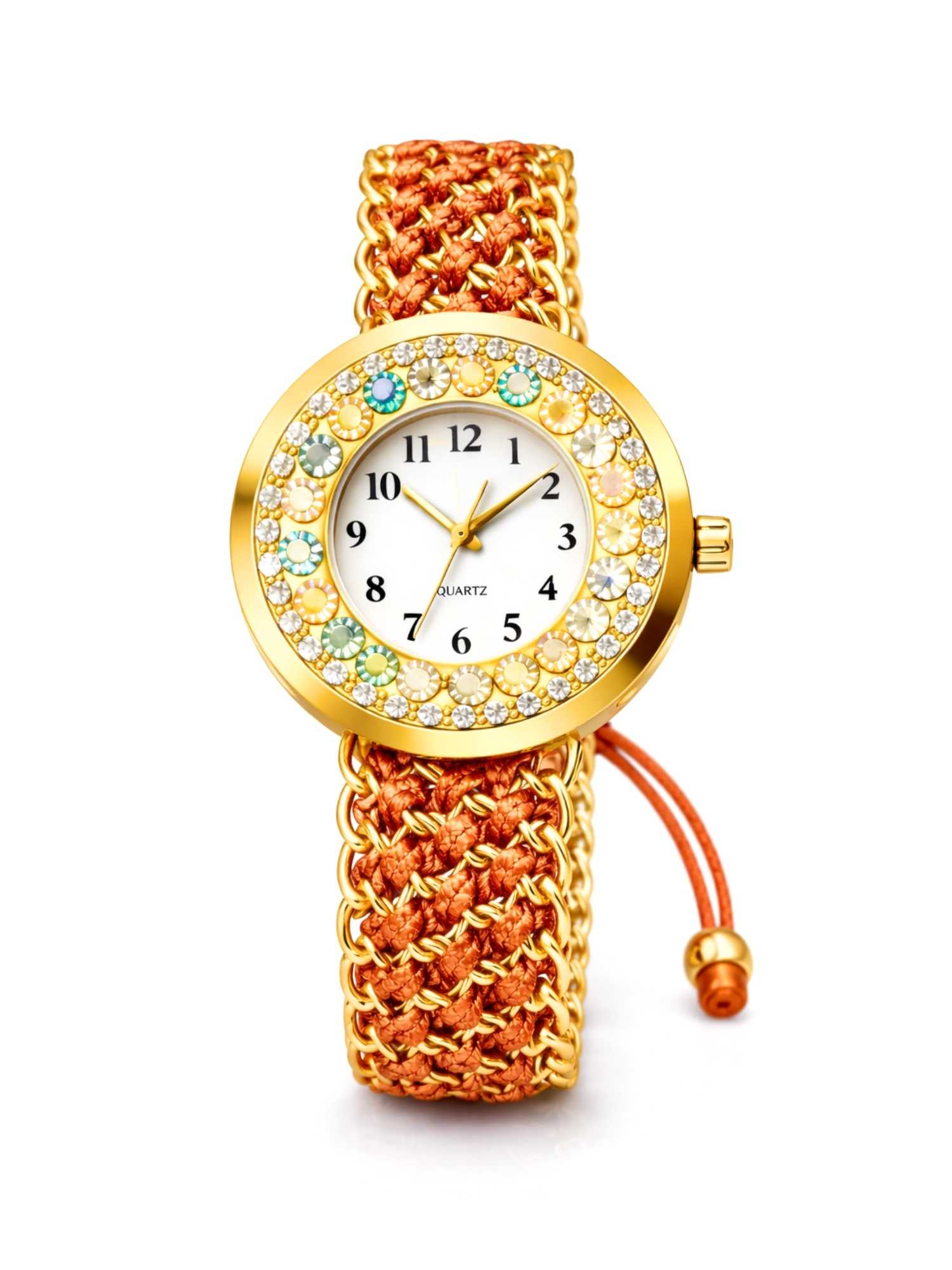 LOOKHAA Women Gold-Toned Dial Analog Watch With Orange Braided Strap lookhaa