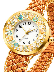 LOOKHAA Women Gold-Toned Dial Analog Watch With Orange Braided Strap lookhaa