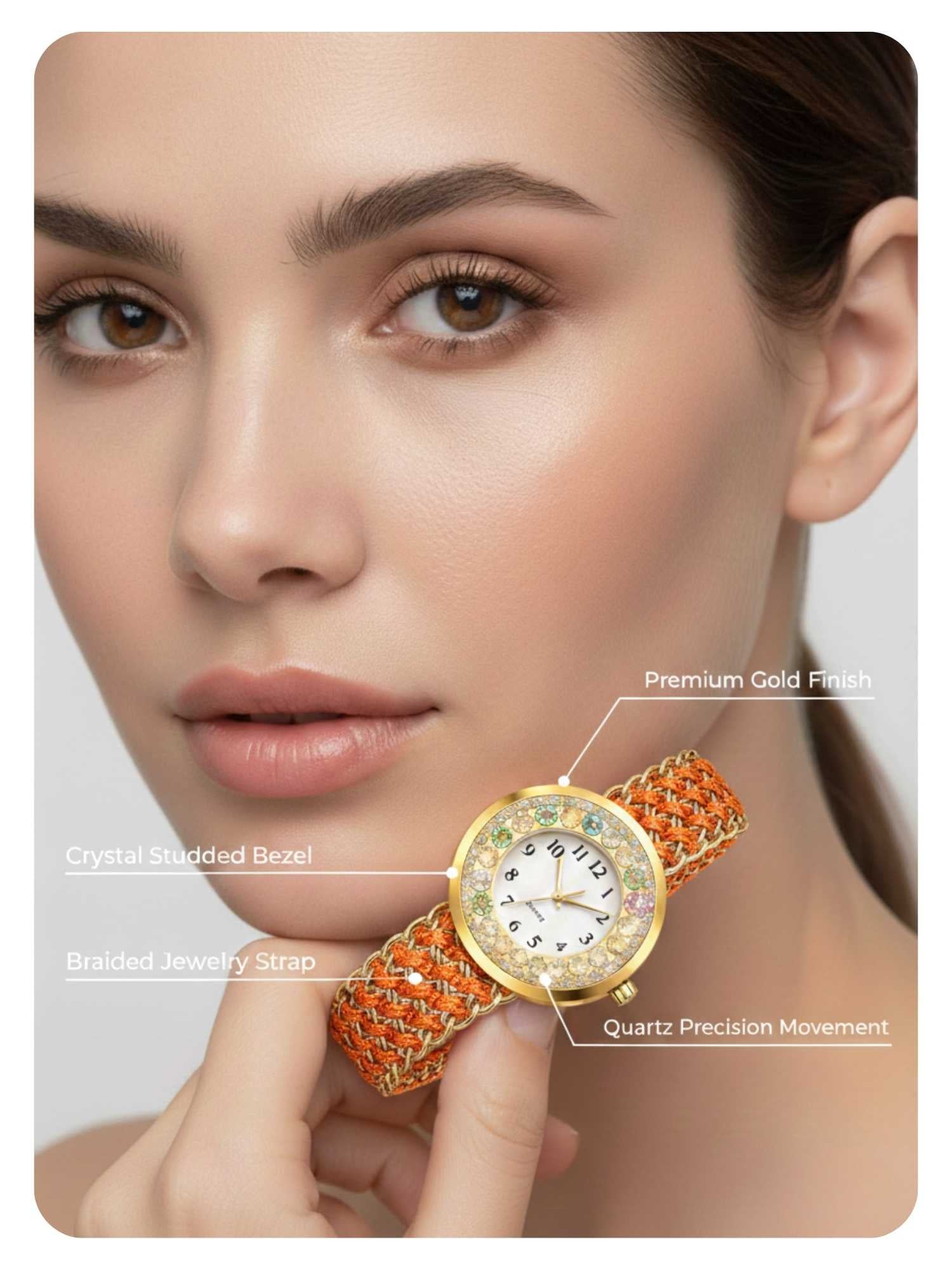 LOOKHAA Women Gold-Toned Dial Analog Watch With Orange Braided Strap lookhaa