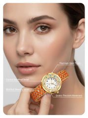 LOOKHAA Women Gold-Toned Dial Analog Watch With Orange Braided Strap lookhaa