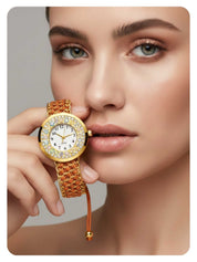 LOOKHAA Women Gold-Toned Dial Analog Watch With Orange Braided Strap lookhaa