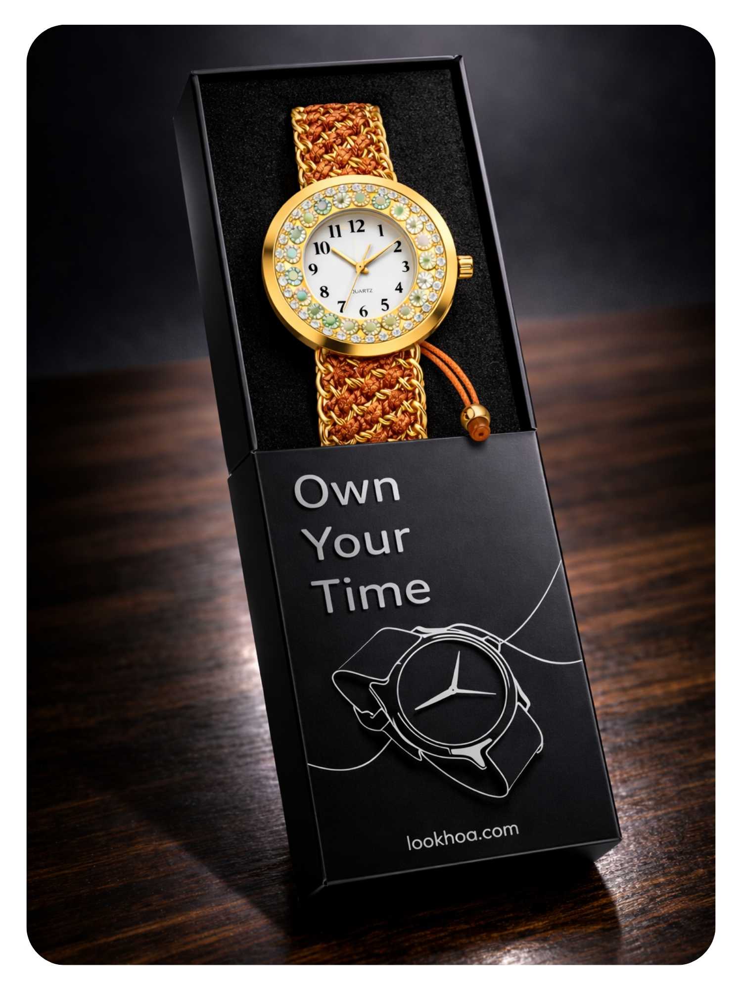 LOOKHAA Women Gold-Toned Dial Analog Watch With Orange Braided Strap lookhaa