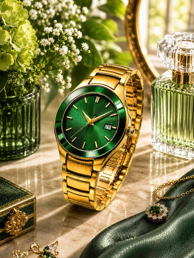 LOOKHAA Women Gold-Toned & Green Textured Dial Analogue Watch with Date Display