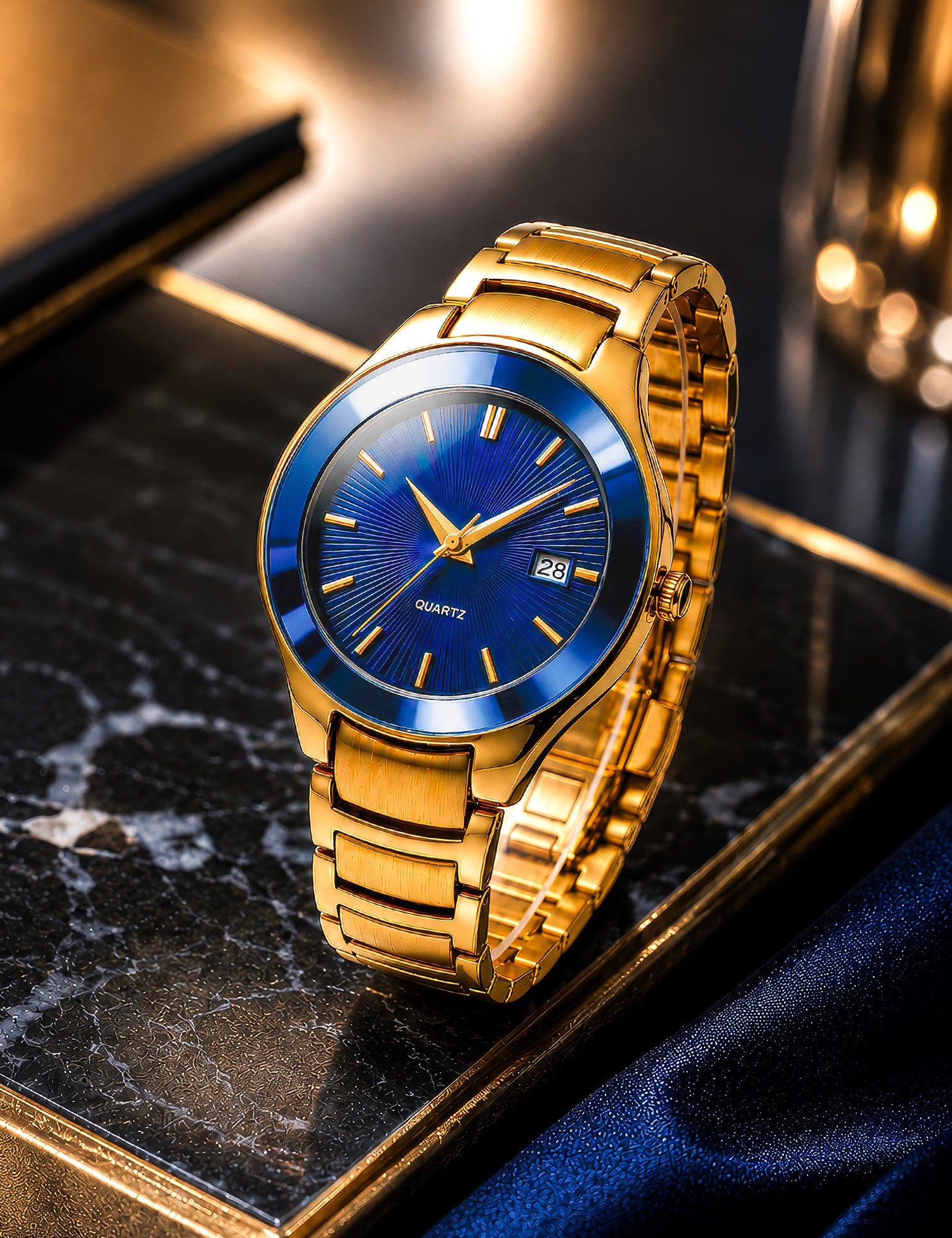 LOOKHAA Women Gold-Toned & Blue Textured Dial Analogue Watch with Date Display lookhaa