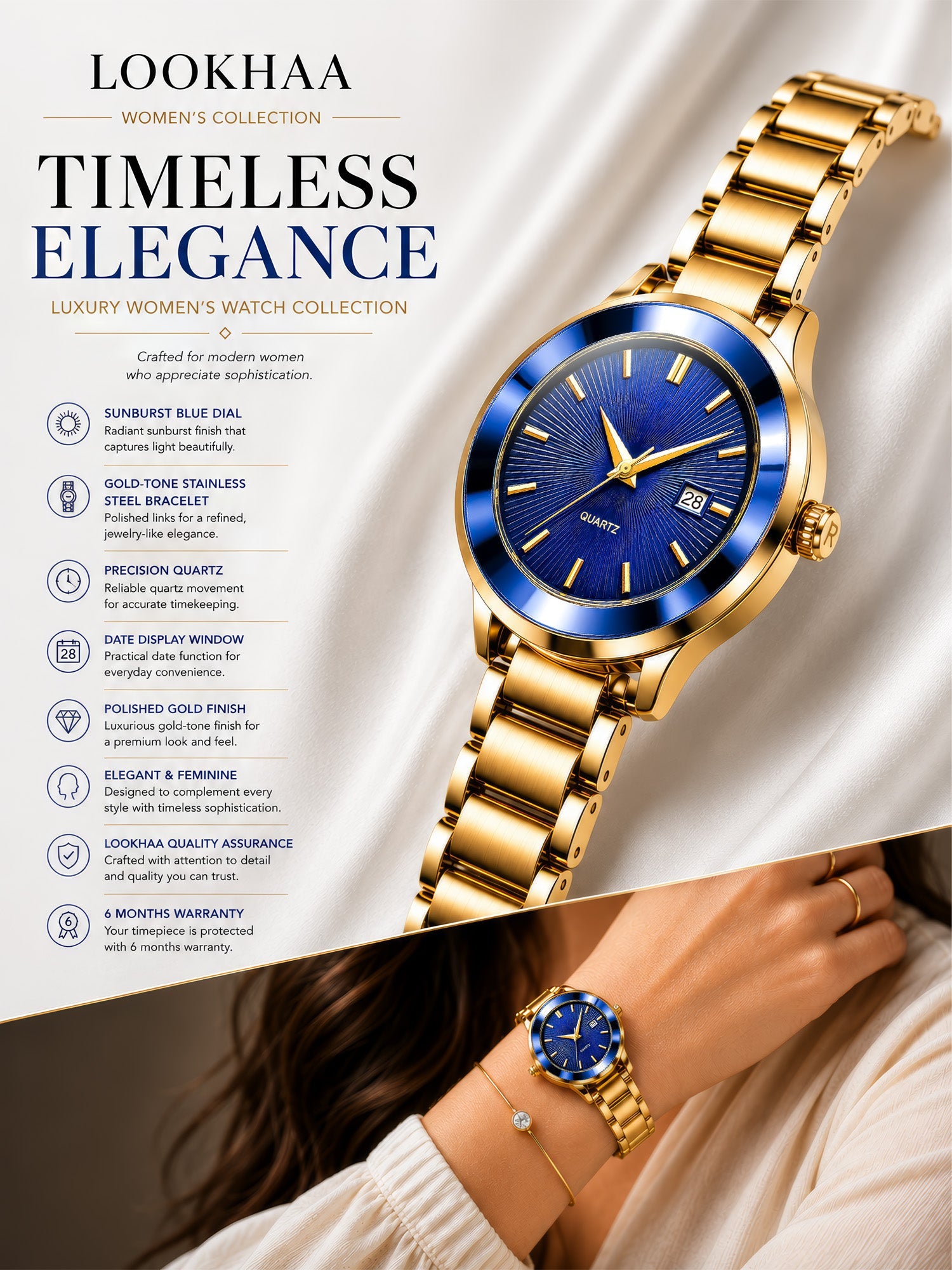 LOOKHAA Women Gold-Toned & Blue Textured Dial Analogue Watch with Date Display lookhaa