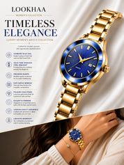 LOOKHAA Women Gold-Toned & Blue Textured Dial Analogue Watch with Date Display lookhaa