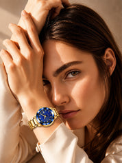 LOOKHAA Women Gold-Toned & Blue Textured Dial Analogue Watch with Date Display lookhaa
