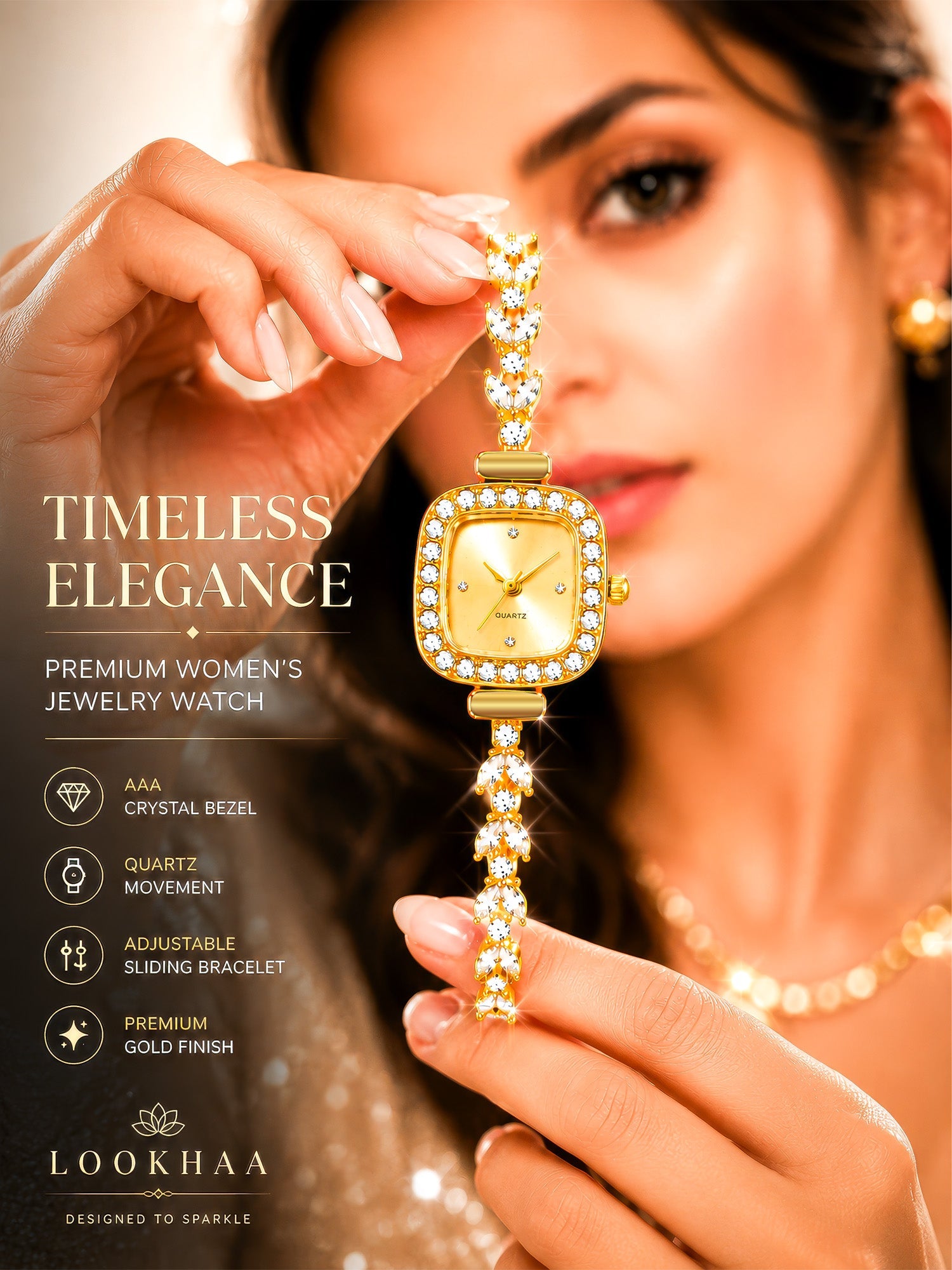 LOOKHAA Women's Gold Square Dial Crystal Bracelet Analog Watch lookhaa