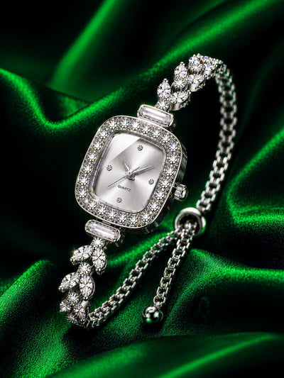 LOOKHAA Women's Premium Silver-Tone Square Dial Crystal Bracelet Analog Watch