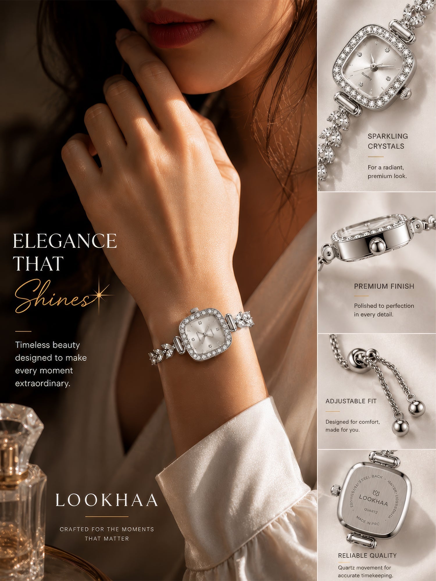 LOOKHAA Women's Silver Square Dial Crystal Bracelet Analog Watch lookhaa