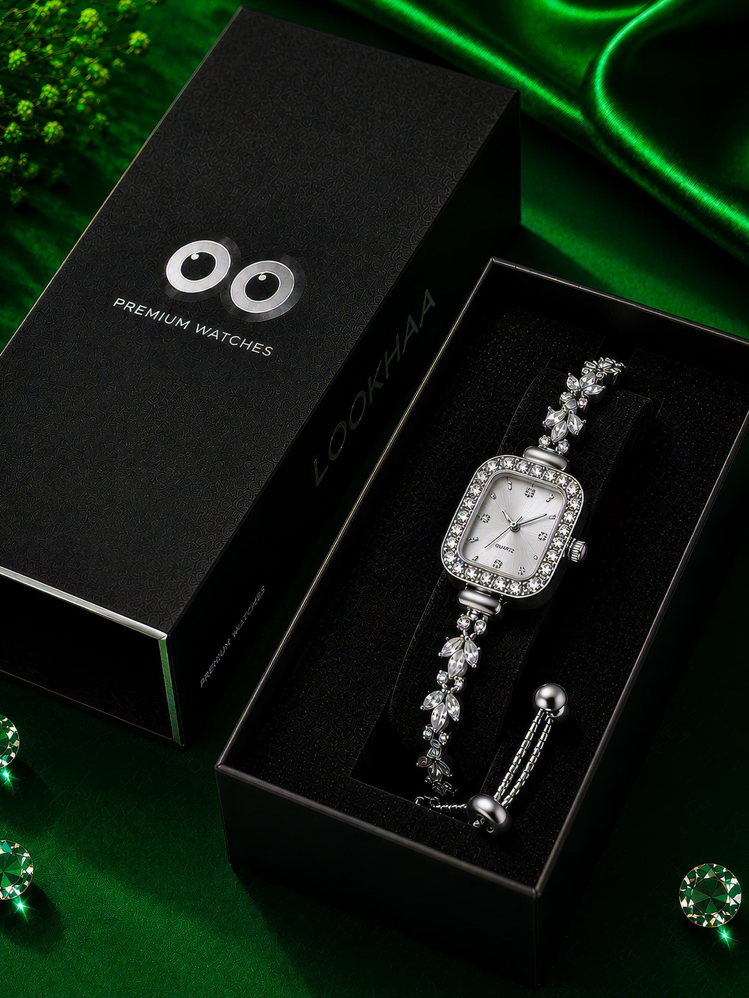 LOOKHAA Women's Silver Square Dial Crystal Bracelet Analog Watch lookhaa