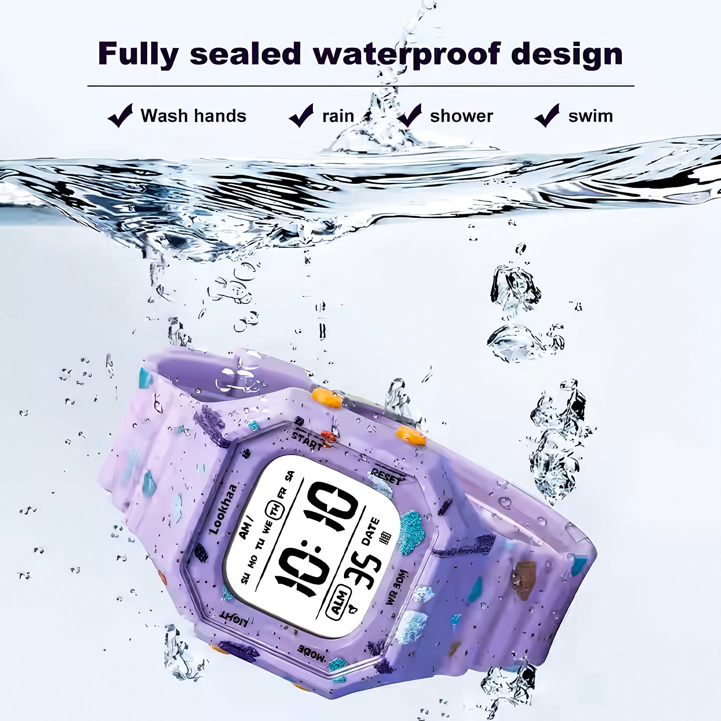 Lookhaa Cartoon Cute Colorful Paint Waterpoof Digital Watch For Kids - Purple