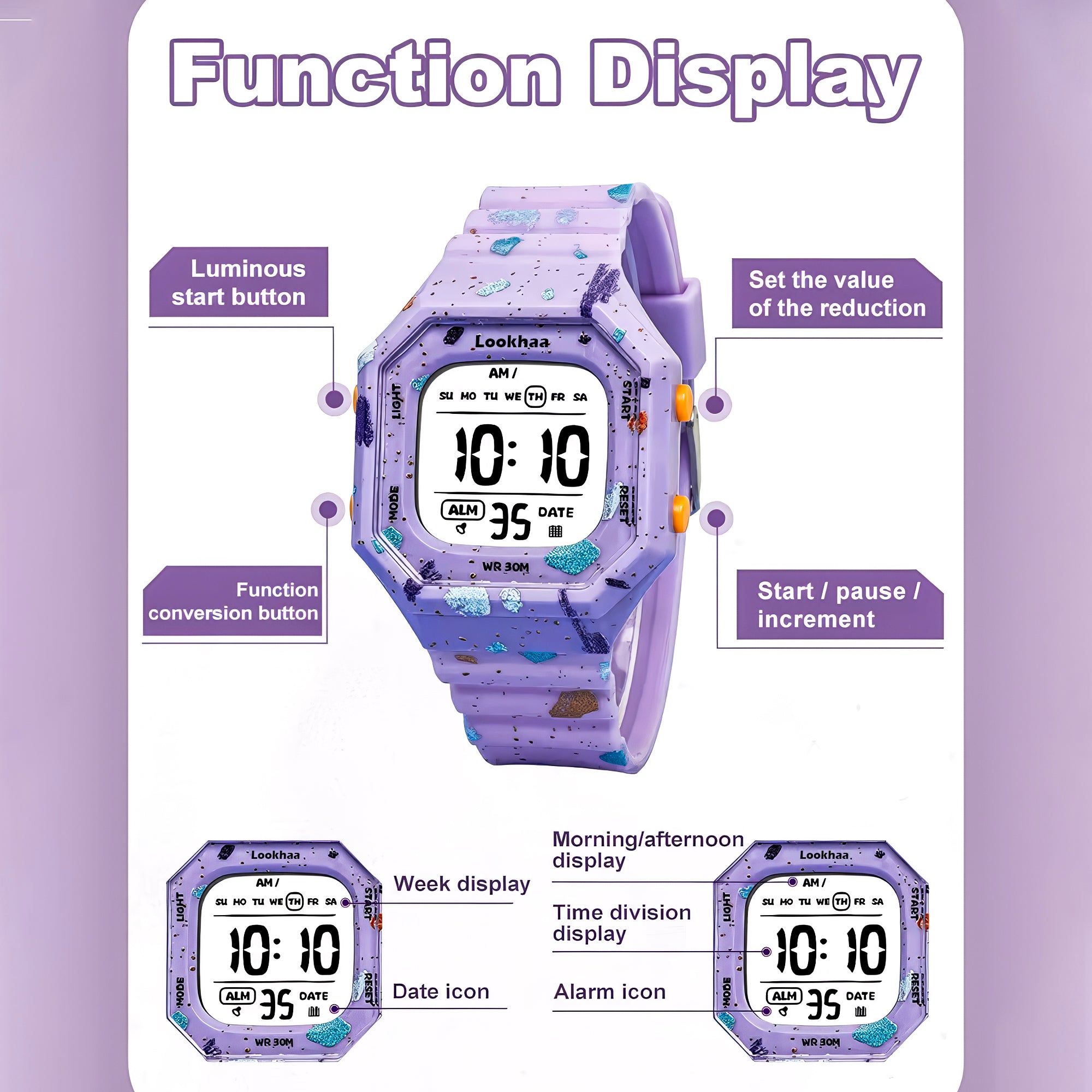 Lookhaa Cartoon Cute Colorful Paint Waterpoof Digital Watch For Kids - Purple