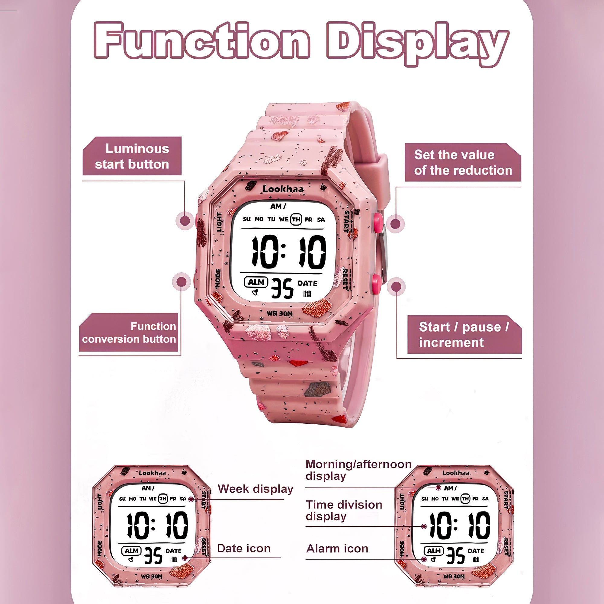 Lookhaa Cartoon Cute Colorful Paint Waterpoof Digital Watch For Kids - Pink